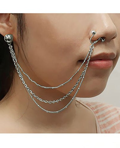 Pierced Ball Stud Earring To Clip On Nose Hoop Ring w/ Triple Strand Chain in Silver-Tone