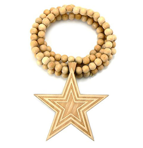Wood Star Pendant 36" Wooden Bead Chain Necklace in Natural-Tone WX16NL