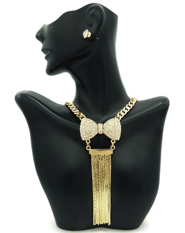 Rhinestone Bow Charm Chain Dangle Gold Tone Necklace w/ Earrings JS7000GDCLR