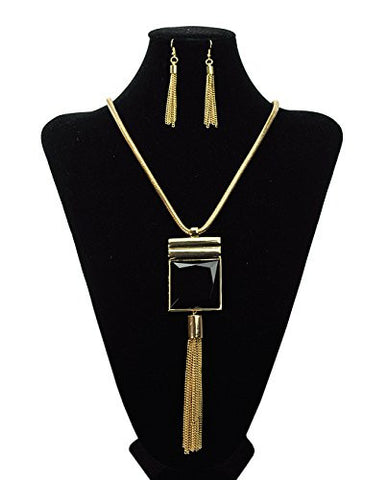 Gold-Tone Faceted Black Square Stone Drop Chain Necklace and Earring Set w/ 5mm 24" Snake Chain