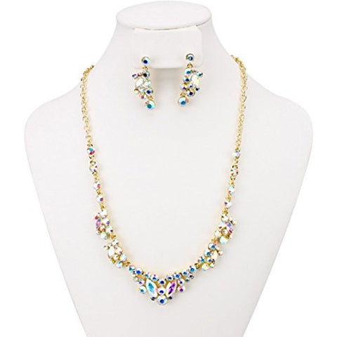 Iridescent Stone Pave 16" + Extension Link Chain Necklace and Earrings Jewelry Set in Gold-Tone