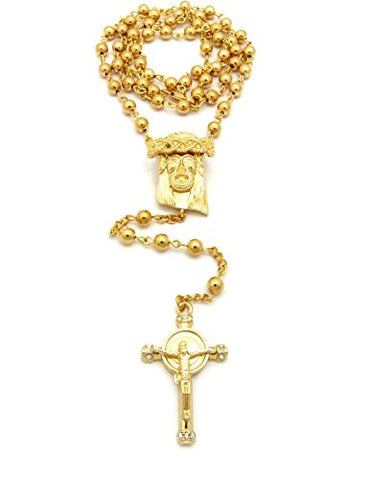 Bead Chain Rosary Necklace with Jesus & Halo Crucifix Cross Micro Pendants