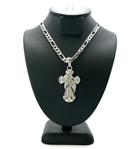Silver Tone Paved Gothic Look Cross Pendant w/ 5mm 24" Figaro Chain
