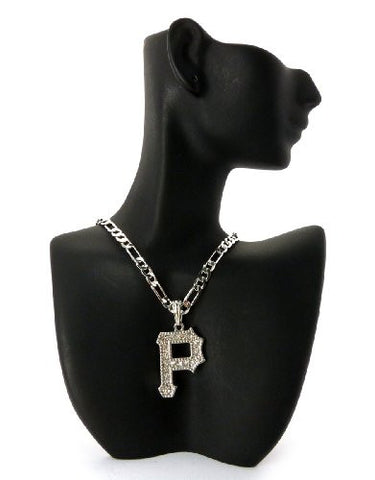 Iced Out Initial Letter P Micro Pendant 5mm 24" Figaro Chain Necklace in Silver-Tone