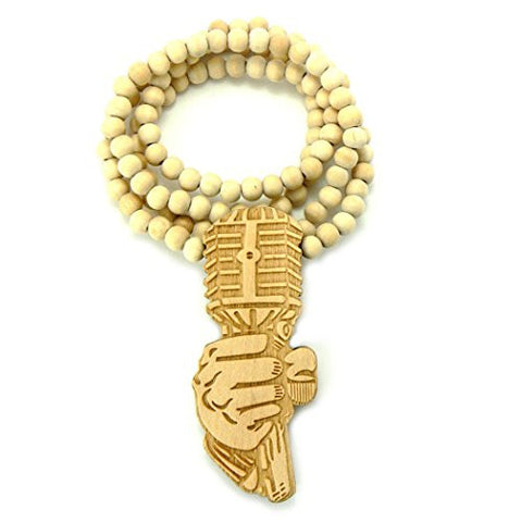 Mic Holding Hand Wood Pendant 36" Wooden Bead Chain Necklace in Natural-Tone WJ137NL