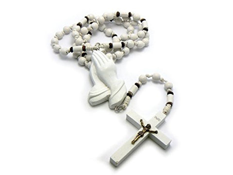 3D Praying Hands and Crucifix Cross Pendant Wood Rosary Necklace
