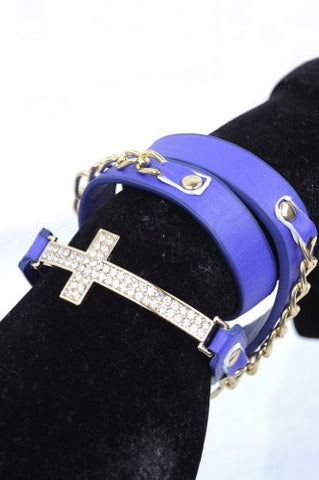 New Blue/Gold Tone Rhinestone Cross Charm Chain/Leather Bracelet SJB1287BL