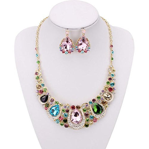 Pear Cut Multi-Color Rhinestone Pave Fancy Necklace and Earrings Jewelry Set in Gold-Tone