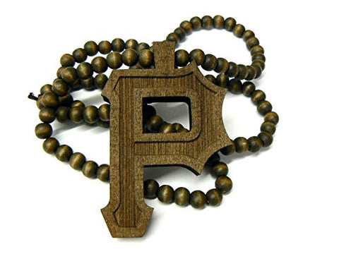 Letter P Wooden Pendant 8mm 36" Wood Bead Chain Necklace in Brown