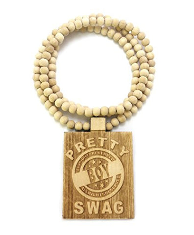 Pretty Boy Swag Wood Pendant 36" Wooden Bead Chain Hip Hop Necklace in Natural-Tone WJ174NL