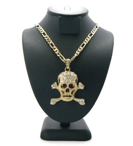 Iced Out Skull Head Pendant w/ 5mm 24" Figaro Chain in Gold Tone MSP139G