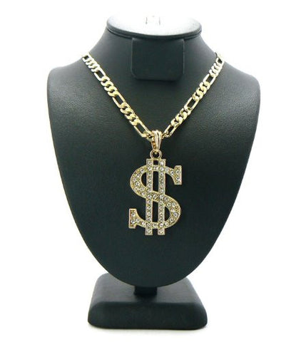 Paved $ Dollar Sign Pendant w/ 5mm 24" Figaro Chain in Gold Tone MSP115G