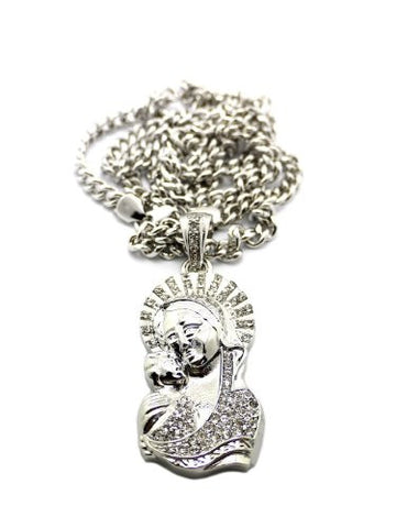 Saint Mary and Christ Jesus Pendant in Silver Tone w/ 36" Cuban Chain CP99R