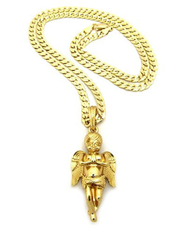 Solid Praying Angel Pendant 5mm 24" Diamond-Cut Cuban Link Chain Necklace in Gold-Tone