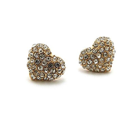 Clear Stone Pave Heart Stud Earrings in Gold-Tone
