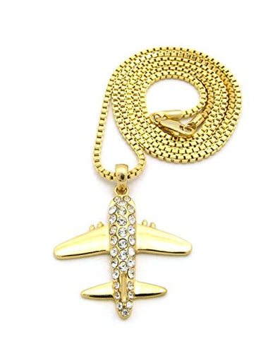 Pave Airplane Necklace with 2mm 24" Box Chain in Gold-Tone