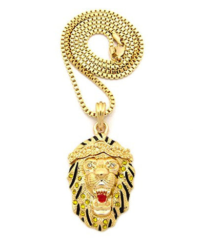 Yellow Stone Stud Roaring Lion Pendant 2.5mm 24" Box Chain Necklace in Gold-Tone