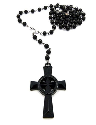Veritas Aequitas Engraved Cross Pendant 6mm 30" Glass Bead Rosary Necklace in Black