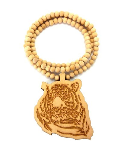 Tiger Engraved Wood Pendant 36" Wooden Bead Chain Necklace in Natural-Tone WJ180NL