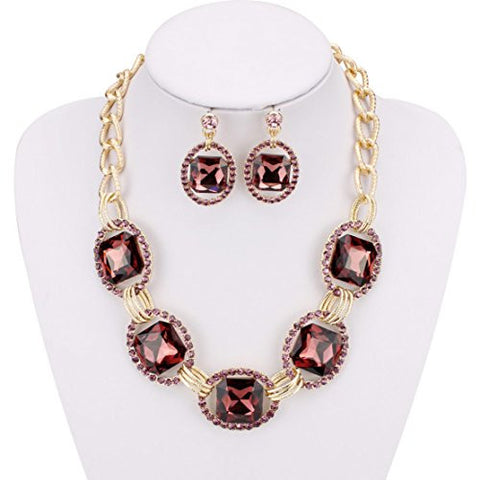 Encircled Radiant Cut Purple Stone Necklace and Earrings Jewelry Set in Gold-Tone