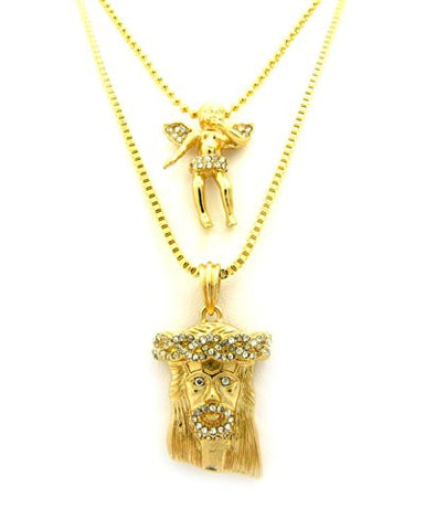 Jesus & Angel Rhinestone Micro Pendants Varying Chain Set - Gold Tone RC331G