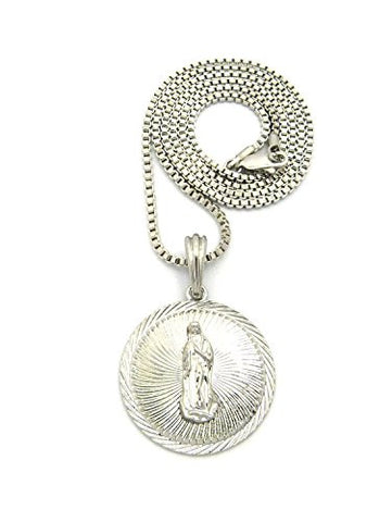 Embellished Saint Mary Medal Pendant w/ 2mm 24" Box Chain Necklace in Silver-Tone