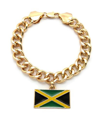 Jamaica Flag Pendant 10mm 7" Link Chain Bracelet in Gold-Tone