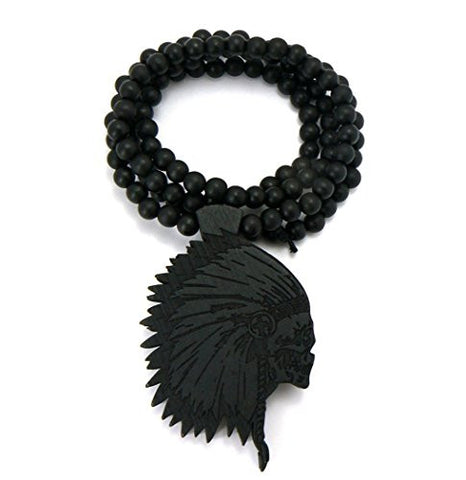 Skull Head Chief Wood Pendant 36" Wooden Bead Chain Necklace in Black-Tone WX24BK