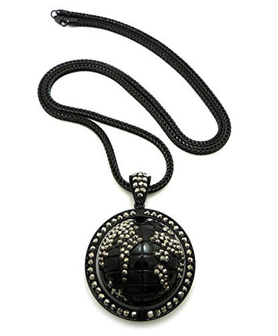 Rhinestone Black Earth Globe Ball Pendant with 36" Franco Chain Necklace RC434