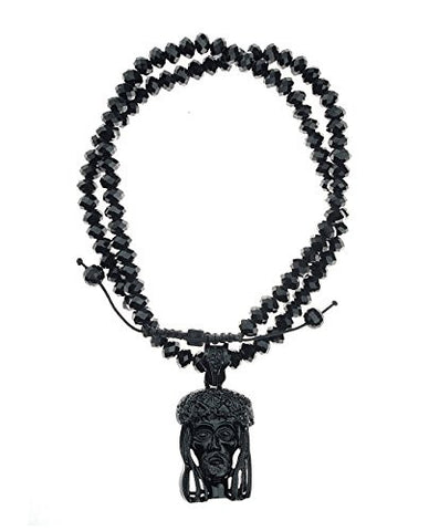 Small Crown of Thorns Jesus Pave Pendant with 8mm 24" Faceted Bead Chain Necklace - Hematite-Tone