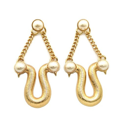 Pearl Stud Swan Design Drop Earrings in Cream/Gold-Tone