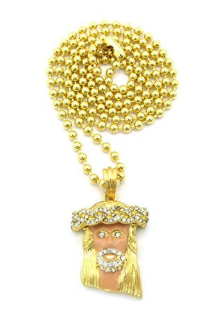 Paved Jesus Pink Accent Micro Pendant w/ 27" Ball Chain - Gold Tone MMP5GAP