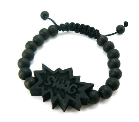 SWAG Wooden Pendant Wood Bead Chain Hip Hop Bracelet in Black-Tone WB9BK
