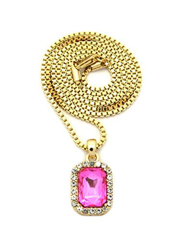 Pave Pink Stone Pendant w/ 2mm 24" Box Chain Necklace in Gold-Tone