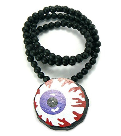 Eye Ball Colored Wood Pendant 36" Wooden Bead Chain Necklace in Black-Tone WX33BK