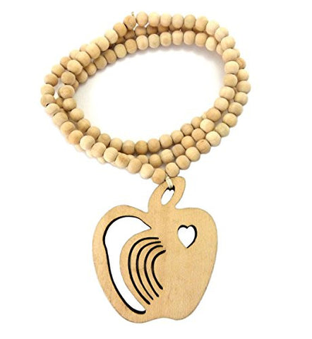Heart Apple Fruit Wood Pendant 36" Wooden Bead Chain Necklace in Natural-Tone WJ163NL