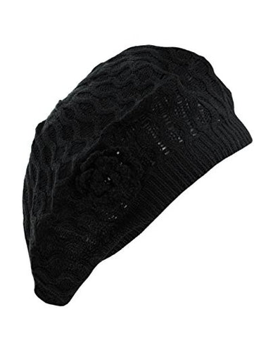 NYfashion101 Open Weaved Vented Black Beret w/ Knitted Flower Accent