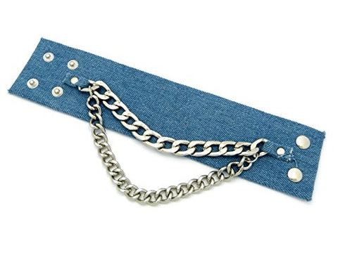 Denim Jeans Look Blue Fabric Bracelet with Chain Dangle in Silver-Tone JB1037RDBLU