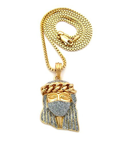 Thick Crown Mask Jesus Silver-Color Glitter Micro Pendant 2mm 24" Box Chain Necklace in Gold-Tone