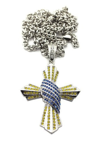 Yellow/Blue Pave Cross Pendant in Silver Tone w/ 36" Cuban Chain CP97RBLYL