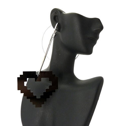 Black Pixel Heart Dangle 3.25" Hoop Earrings in Silver-Tone