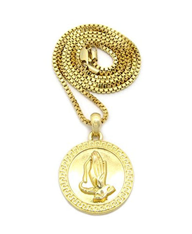 Polished Praying Hands Medal Pendant 2mm 24" Box Chain Necklace in Gold-Tone