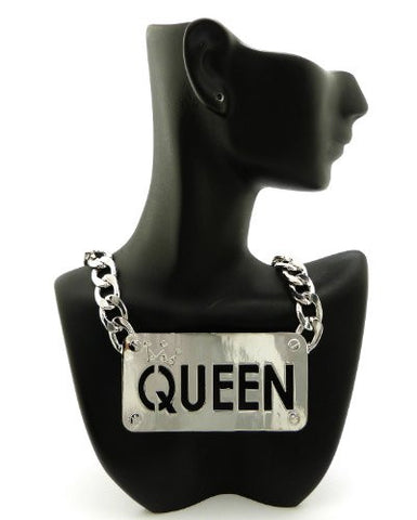 Pressed QUEEN Silver Tone 11mm 16" Link Chain Necklace RN1045RD