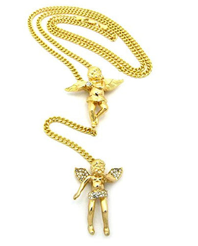 Solitaire & Flying Angel Pendant 3.5mm 27" Cuban Link Chain Y-Necklace in Gold-Tone