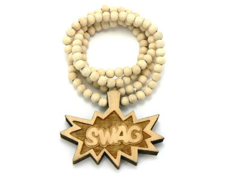 Swag Bomb Wood Pendant 36" Wooden Bead Chain Hip Hop Necklace in Natural-Tone WJ127NL