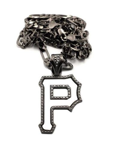 Iced Out Initial Letter P Micro Mirror Pendant 5mm 24" Figaro Chain Necklace in Hematite-Tone