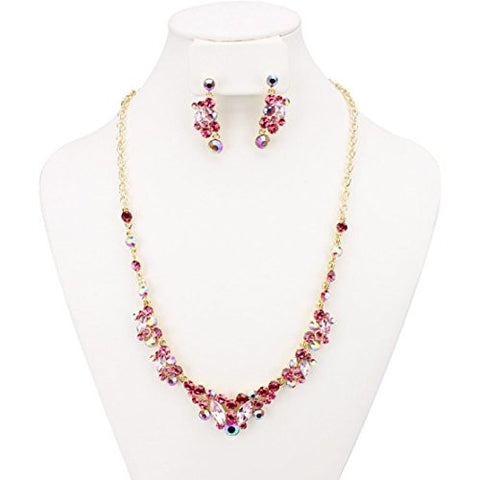 Pink-Tone Stone Pave 16" + Extension Link Chain Necklace and Earrings Jewelry Set in Gold-Tone