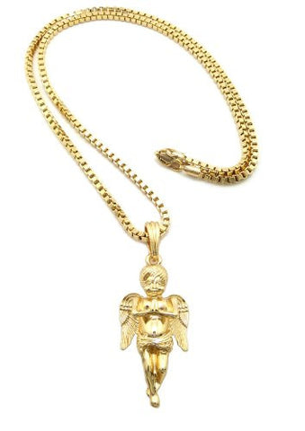 Gold Tone Floating Angel Cherub Micro Pendant 3mm 24" Box Chain SP4GBX