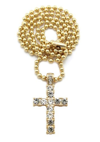 Mini Pave Cross Pendant 27" Ball Chain Necklace in Gold-Tone MMP14G
