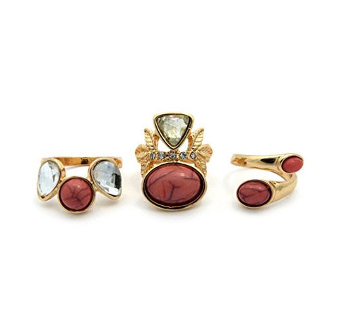 3 Piece Pink Marble & Clear Stone Stud Midi Ring Set